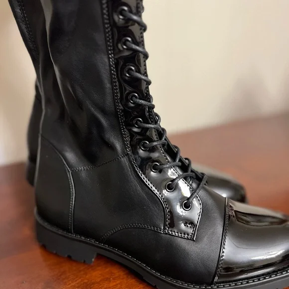 Azalea Wang thigh high Black stretch Faux Patent Lace Up Over Knee combat Boots - Picture 8 of 14